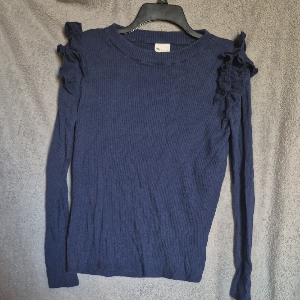 STYLUS Navy Long Sleeve Ruffle Top